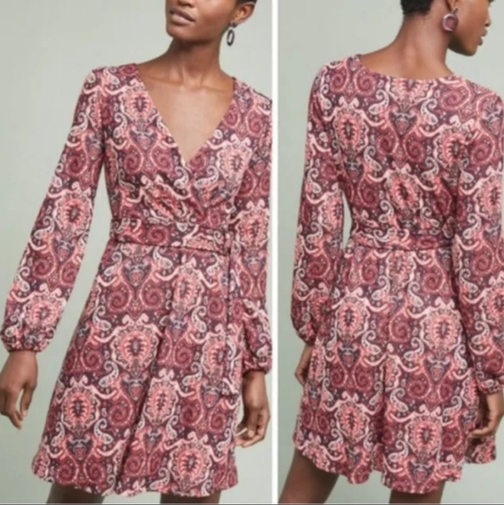 Anthropologie Maeve Paisley Knit Faux Wrap Belted Dress